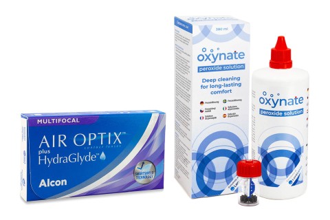 Air Optix Plus Hydraglyde Multifocal (3 lentillas) + Oxynate Peroxide 380 ml con estuche