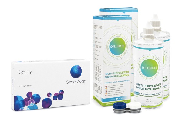 Biofinity CooperVision (6 lentillas) + 2 x Solunate Multi-Purpose 400 ml con estuche